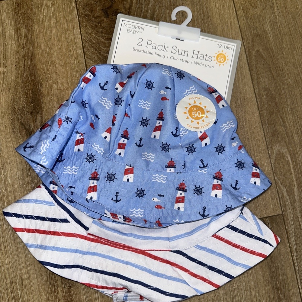 Modern Baby 2 Pack Sun Hats Breathable Lining Chin Strap Wide Brim 12-18 Mo UPF‎